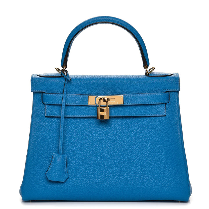 Hermès  Togo Kelly Retourne 28 Bleu Zanzibar Gold Hardware Bag