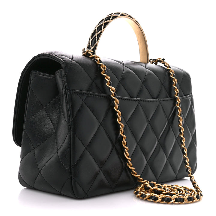 Chanel Lambskin Quilted Small Metal Top Handle Flap With Chain Black Bag ( Limited Edition)