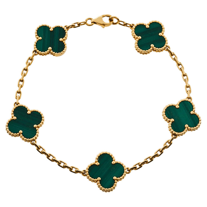 Van Cleef & Arpels Vintage Alhambra 5 Motifs Malachite 18K Yellow Gold Bracelet