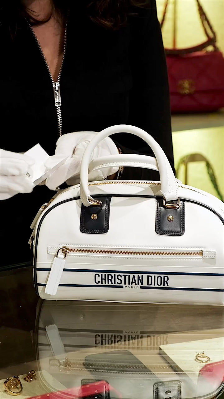 DIOR WHITE QUILTED LEATHER SMALL VIBE BOWLING BAG