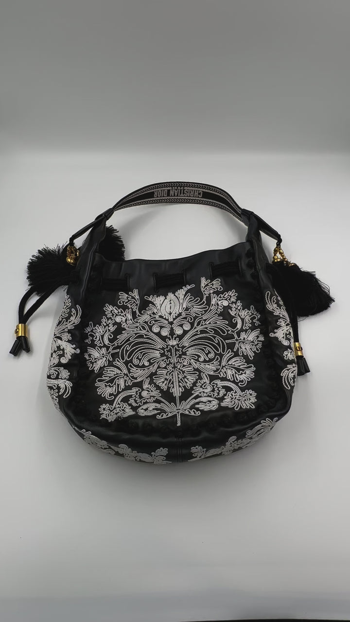 Dior Black/White Lambskin Ornamental Cornely-Effect Hobo Bucket Bag